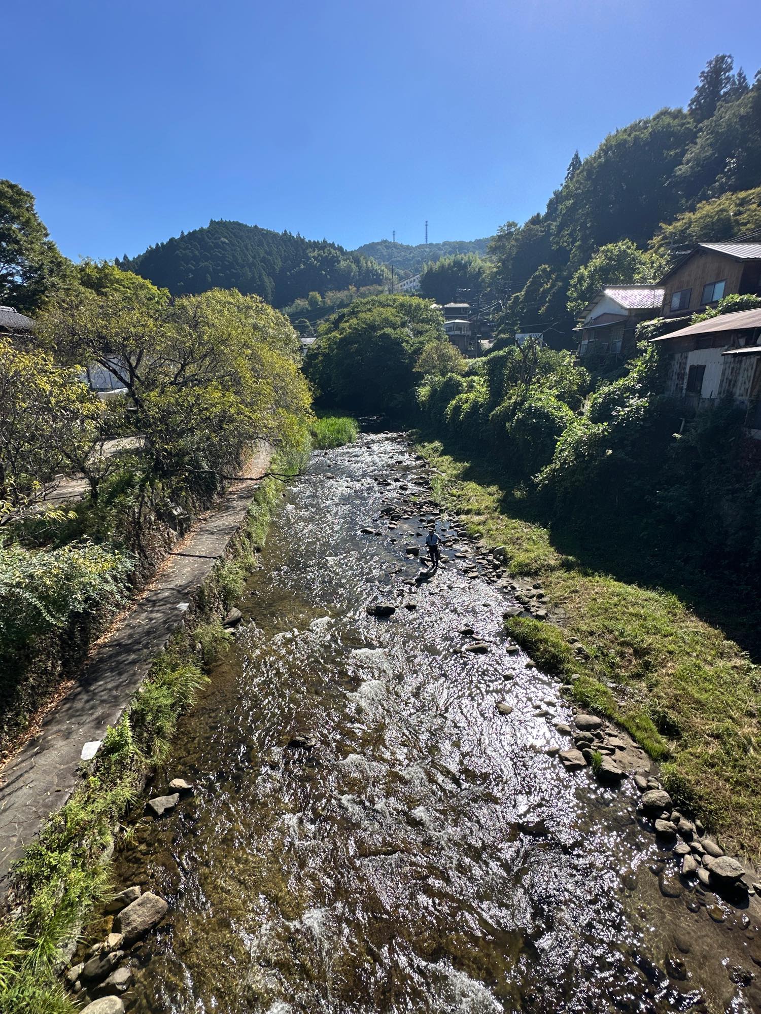 足助川で釣りをする人